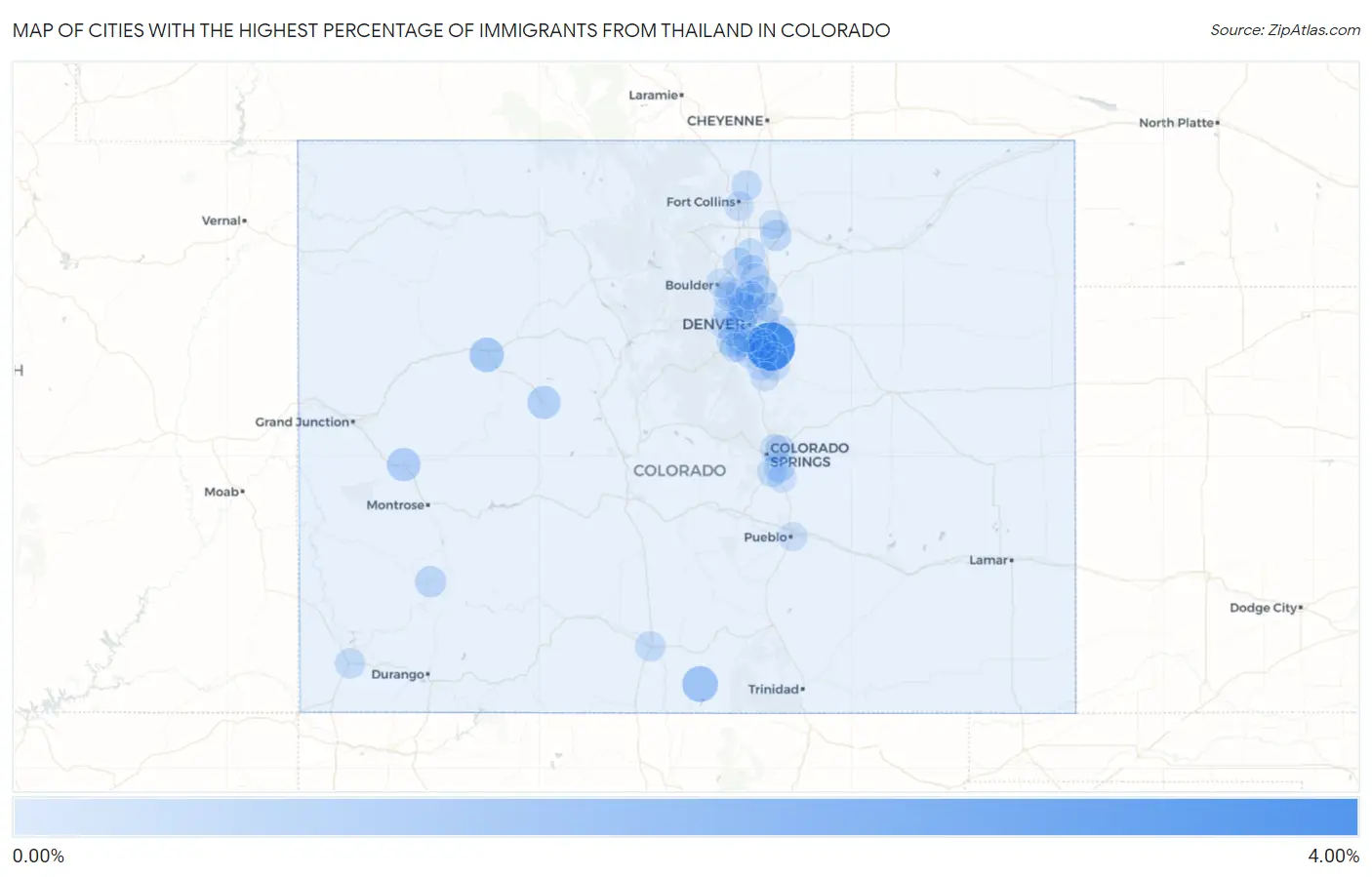Cities with the Highest Percentage of Immigrants from Thailand in Colorado Map
