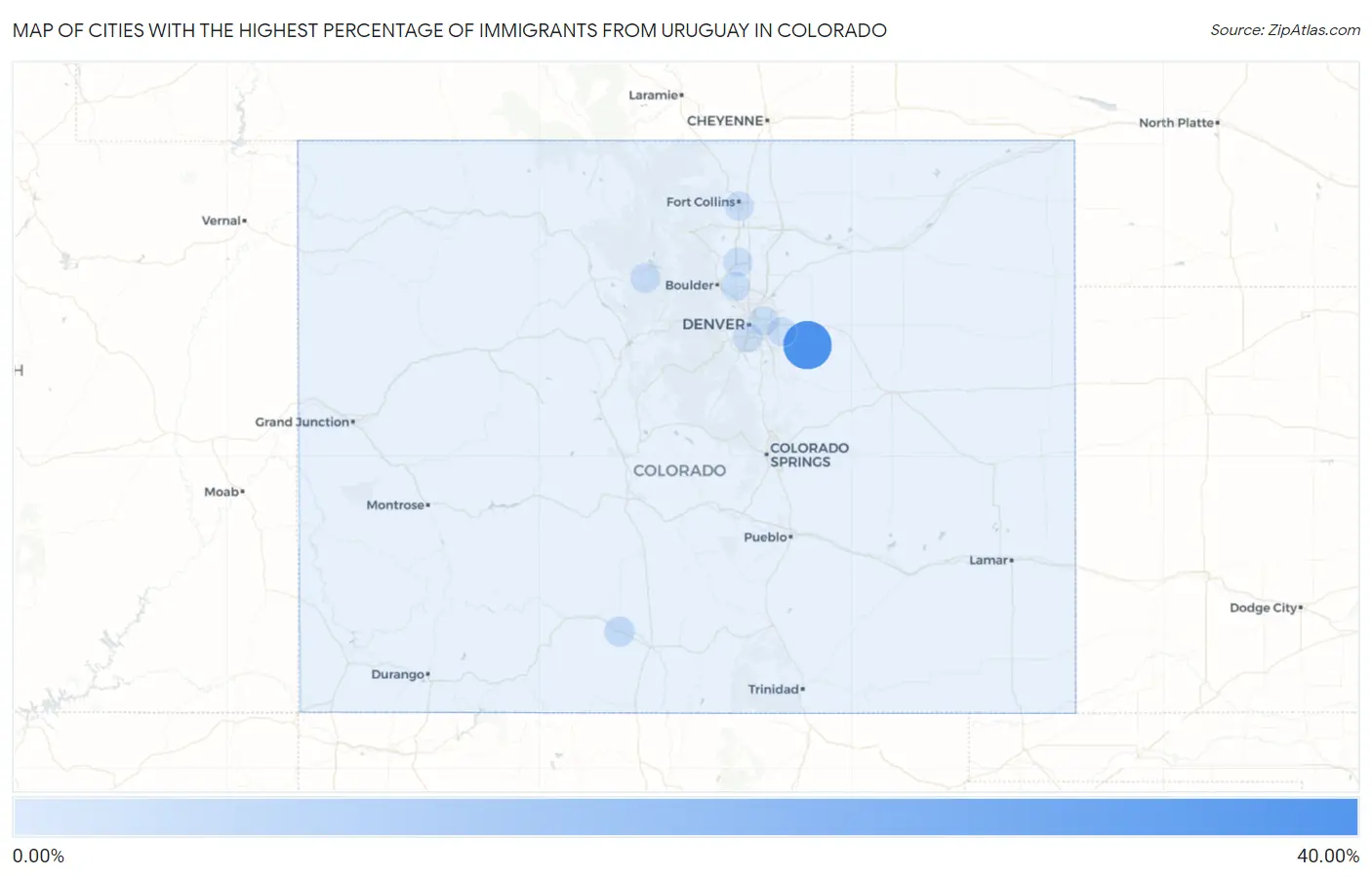 Cities with the Highest Percentage of Immigrants from Uruguay in Colorado Map