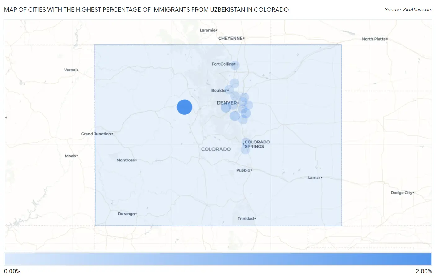 Cities with the Highest Percentage of Immigrants from Uzbekistan in Colorado Map