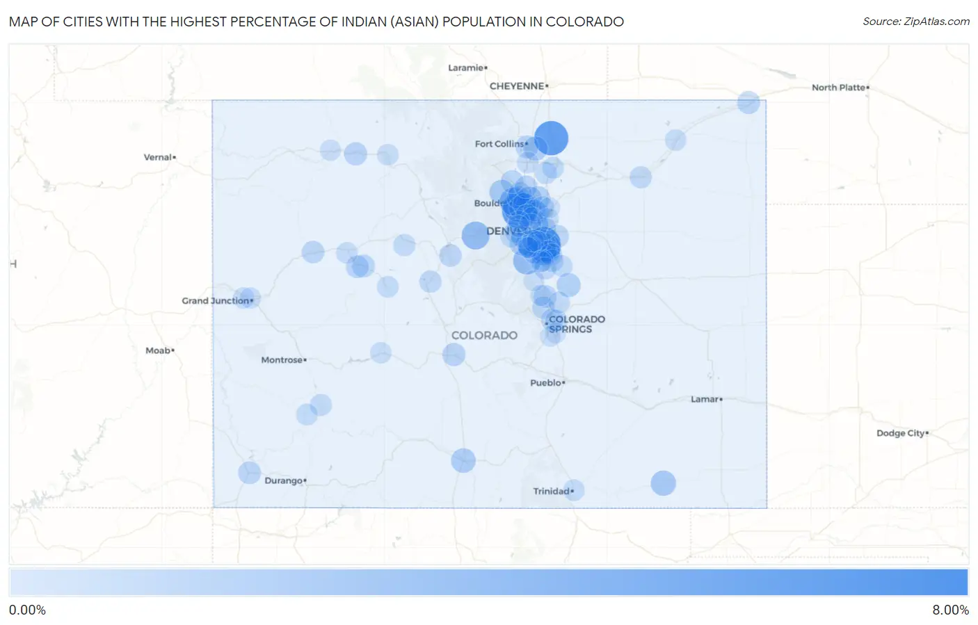 Cities with the Highest Percentage of Indian (Asian) Population in Colorado Map
