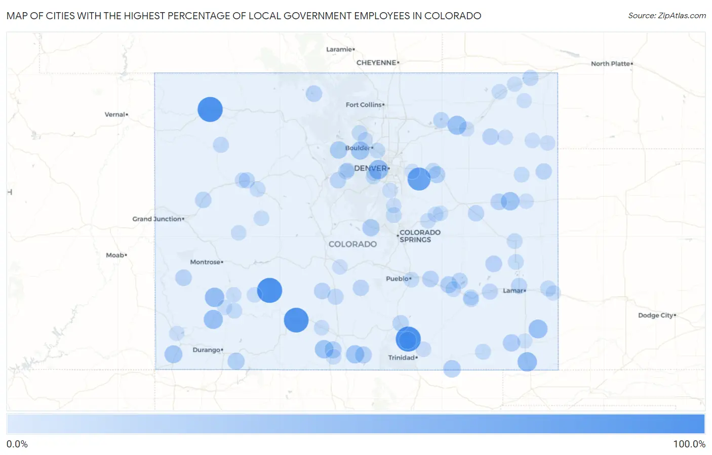 Cities with the Highest Percentage of Local Government Employees in Colorado Map