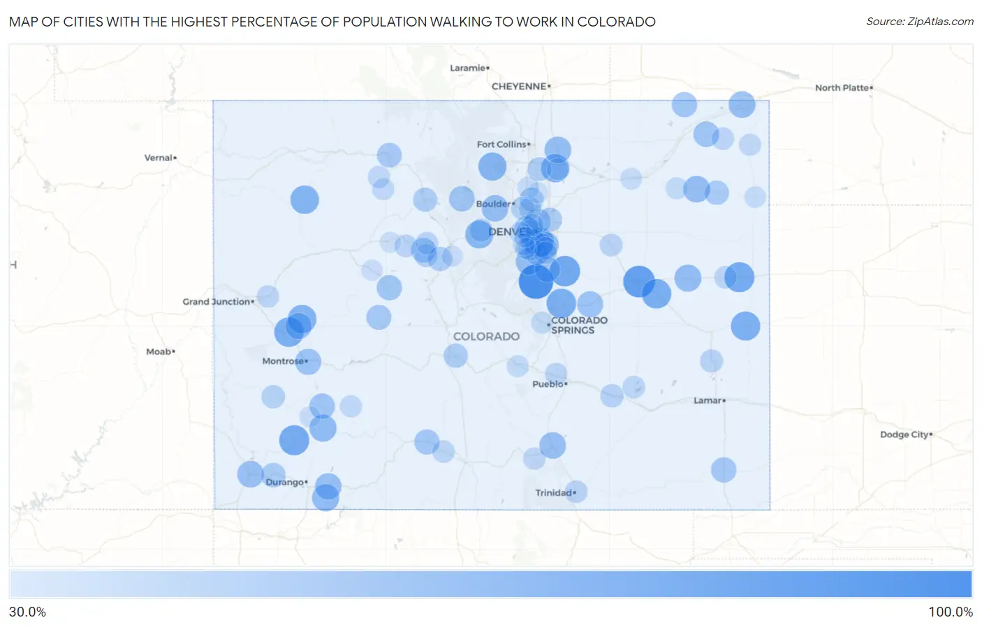 Cities with the Highest Percentage of Population Walking to Work in Colorado Map