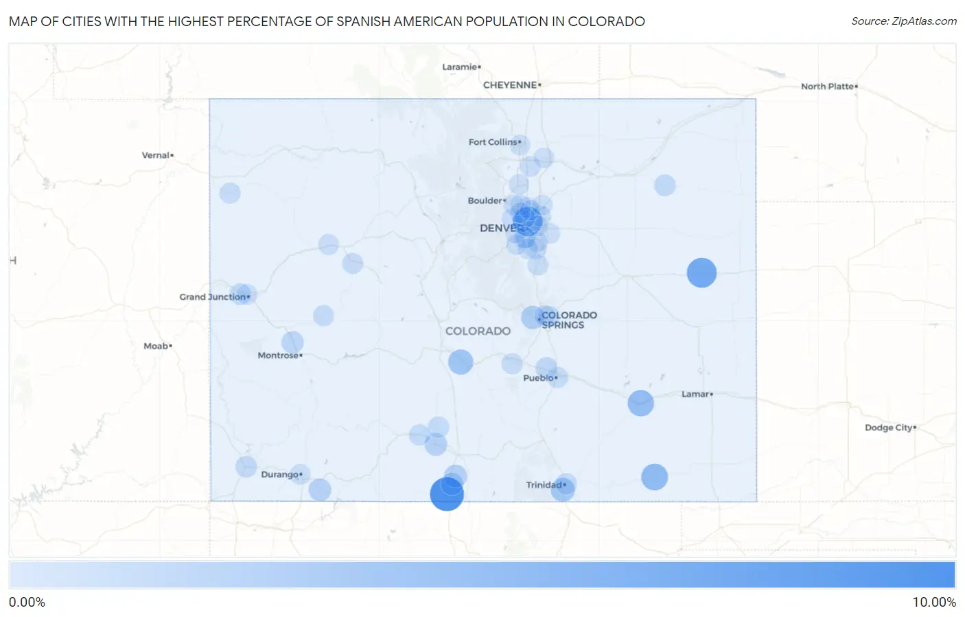 Cities with the Highest Percentage of Spanish American Population in Colorado Map