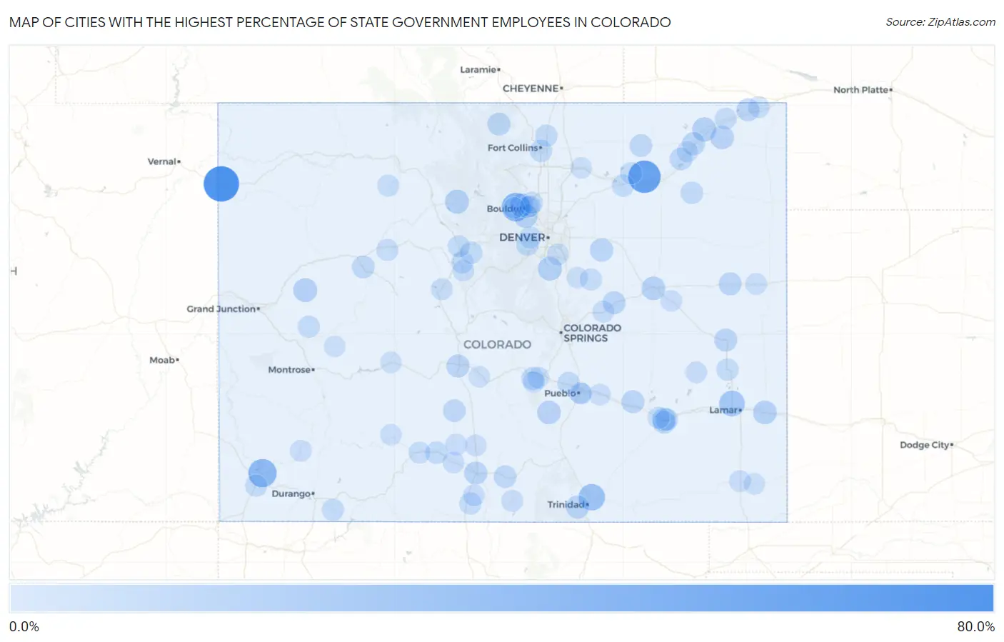 Cities with the Highest Percentage of State Government Employees in Colorado Map