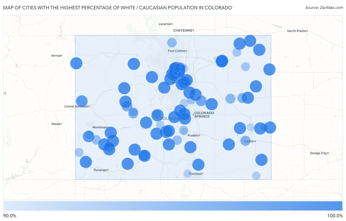 Cities with the Highest Percentage of White / Caucasian Population in Colorado Map