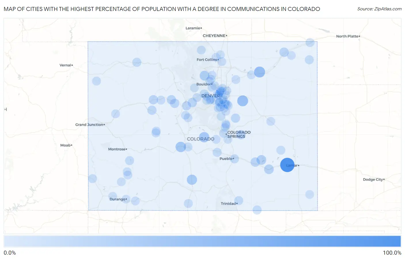 Cities with the Highest Percentage of Population with a Degree in Communications in Colorado Map