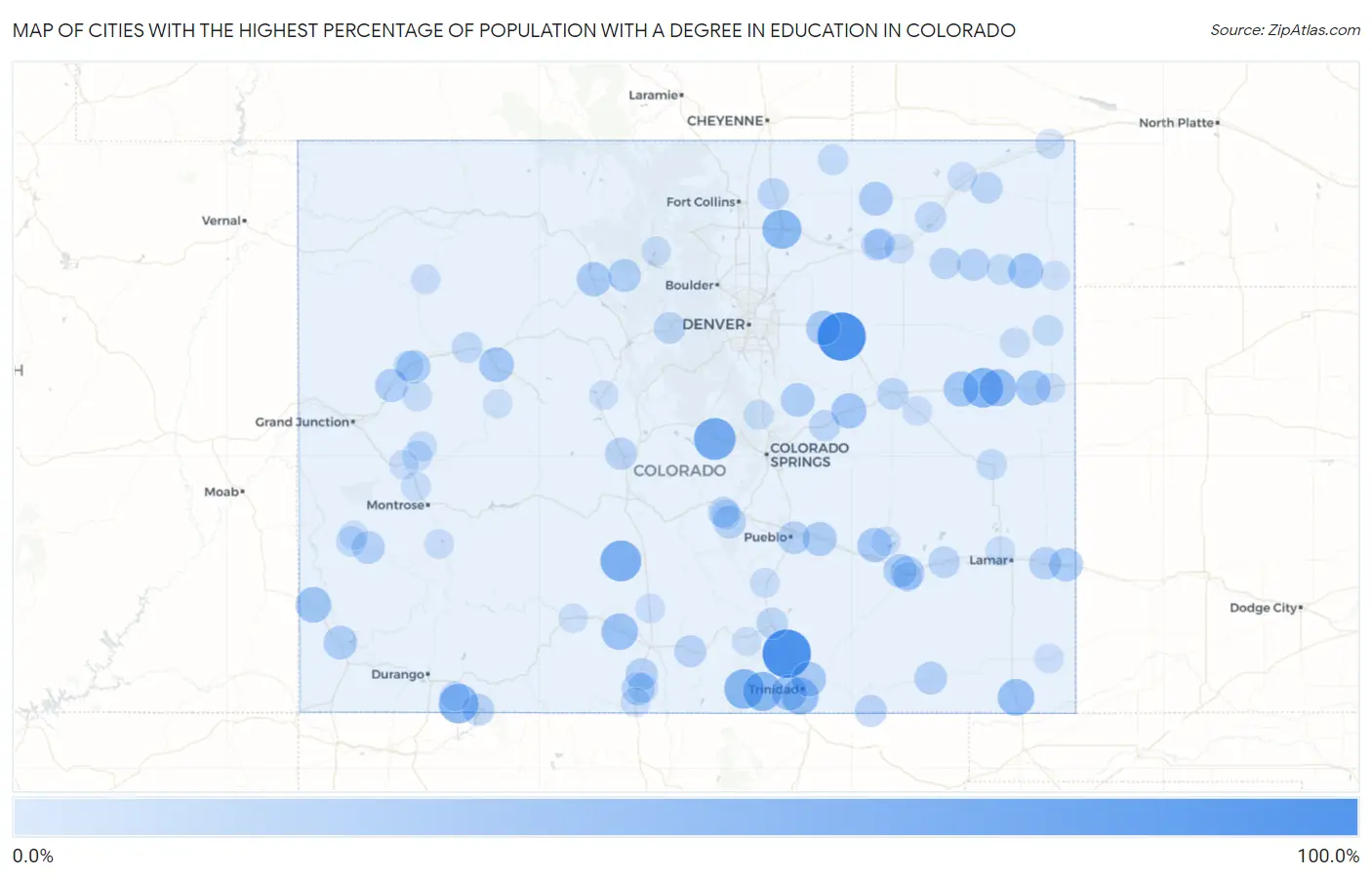 Cities with the Highest Percentage of Population with a Degree in Education in Colorado Map