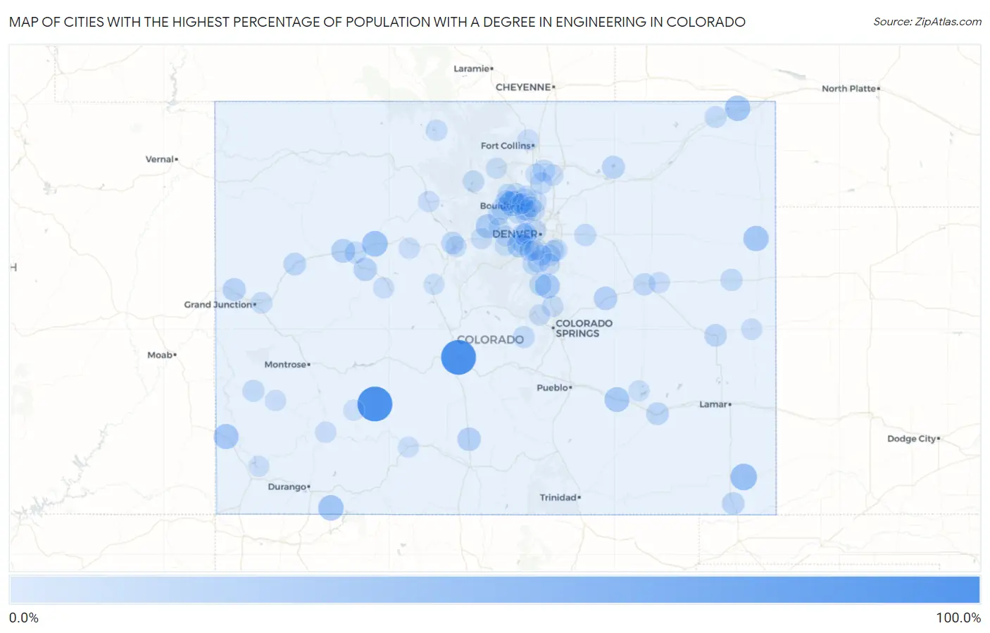 Cities with the Highest Percentage of Population with a Degree in Engineering in Colorado Map