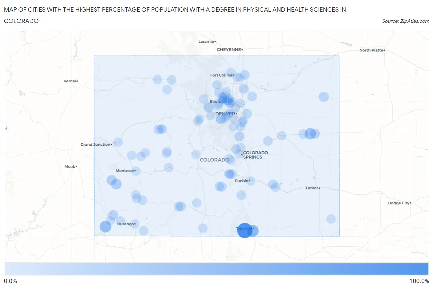 Cities with the Highest Percentage of Population with a Degree in Physical and Health Sciences in Colorado Map