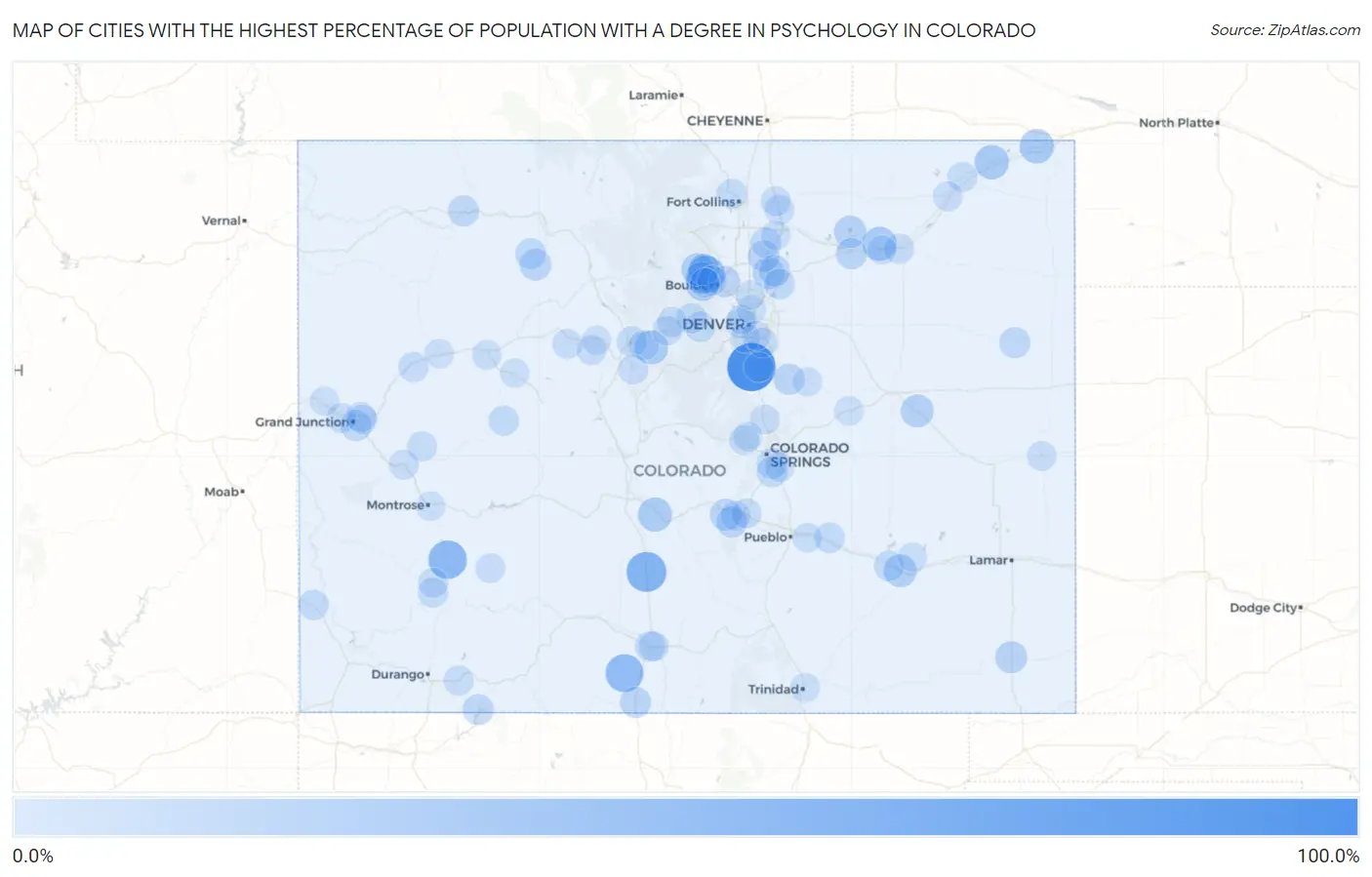 Cities with the Highest Percentage of Population with a Degree in Psychology in Colorado Map