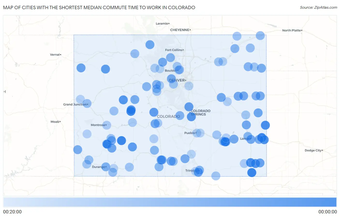 Cities with the Shortest Median Commute Time to Work in Colorado Map