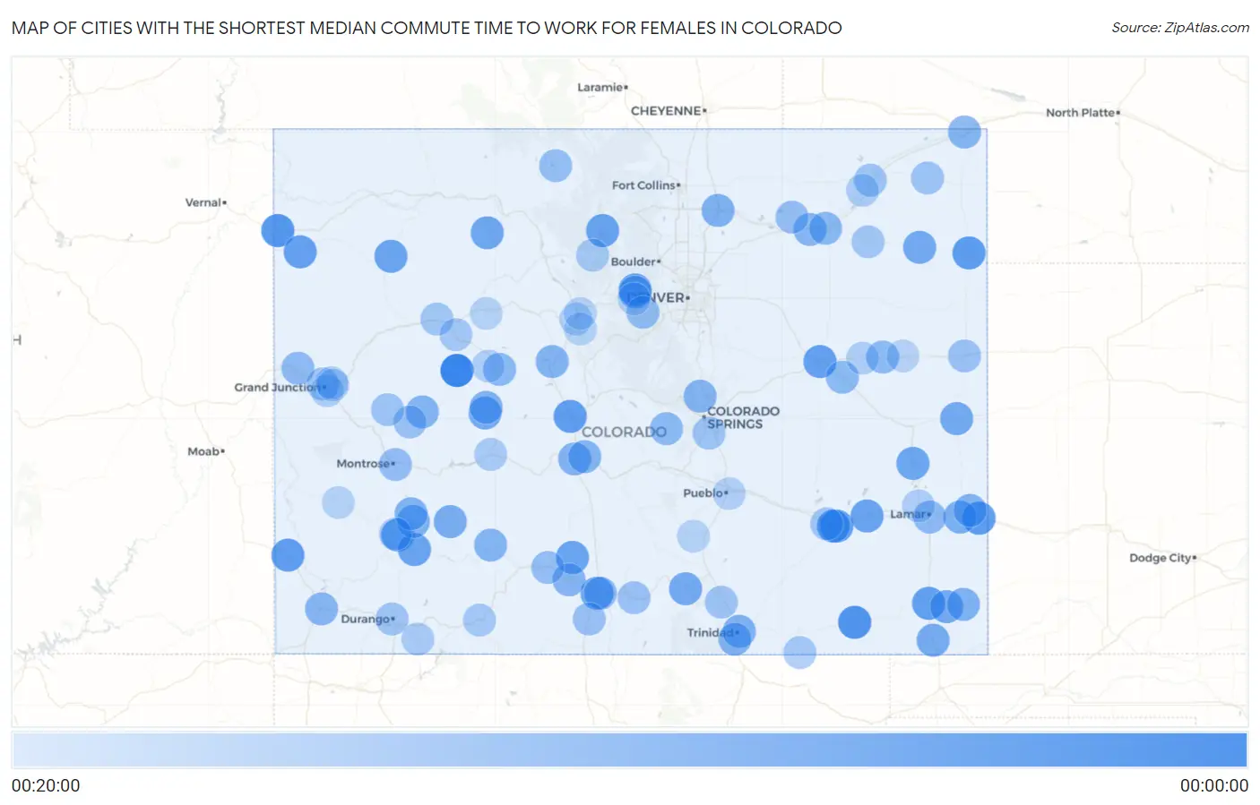 Cities with the Shortest Median Commute Time to Work for Females in Colorado Map