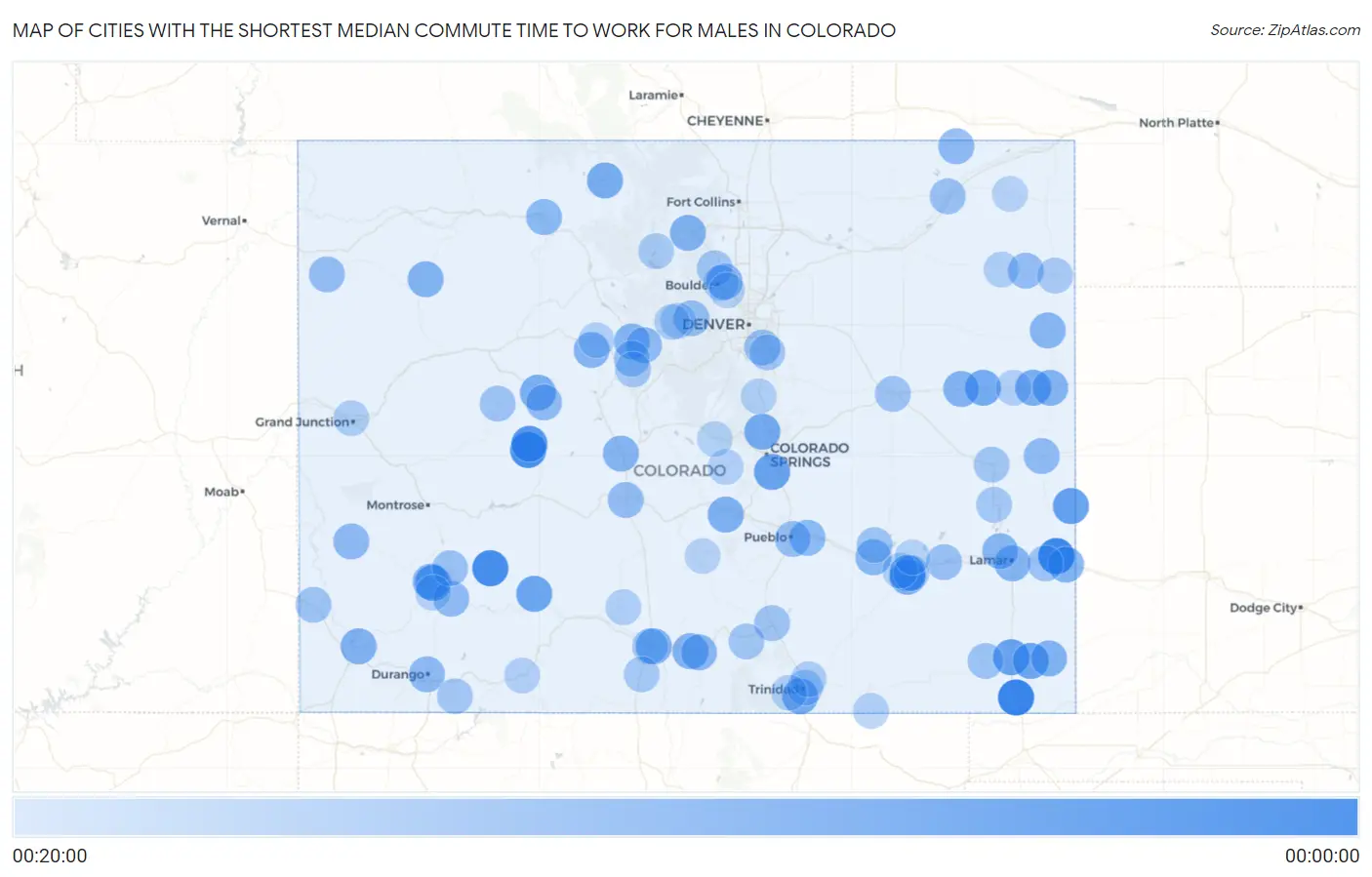 Cities with the Shortest Median Commute Time to Work for Males in Colorado Map