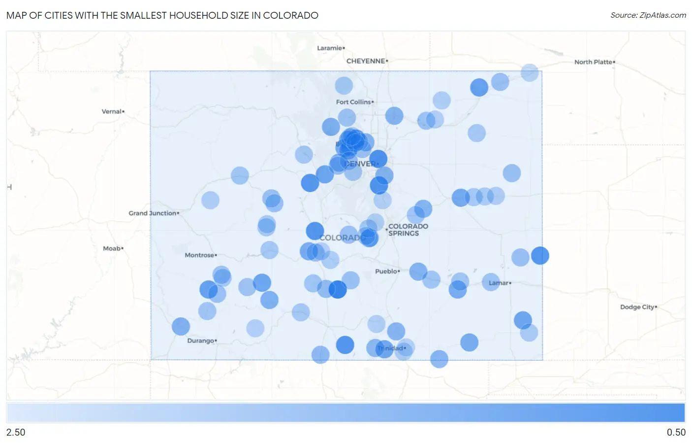 Cities with the Smallest Household Size in Colorado Map