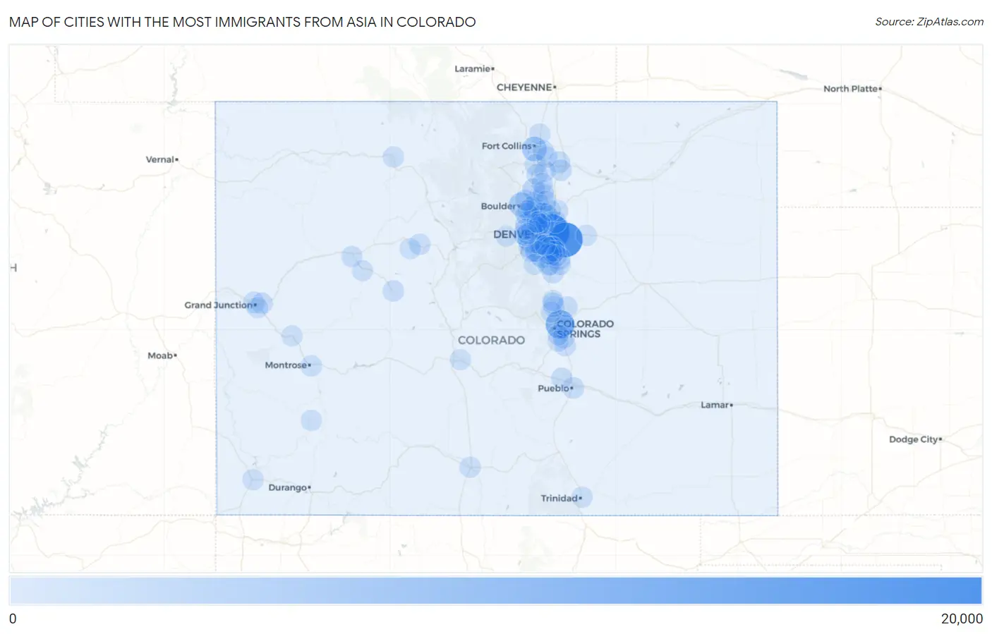 Cities with the Most Immigrants from Asia in Colorado Map