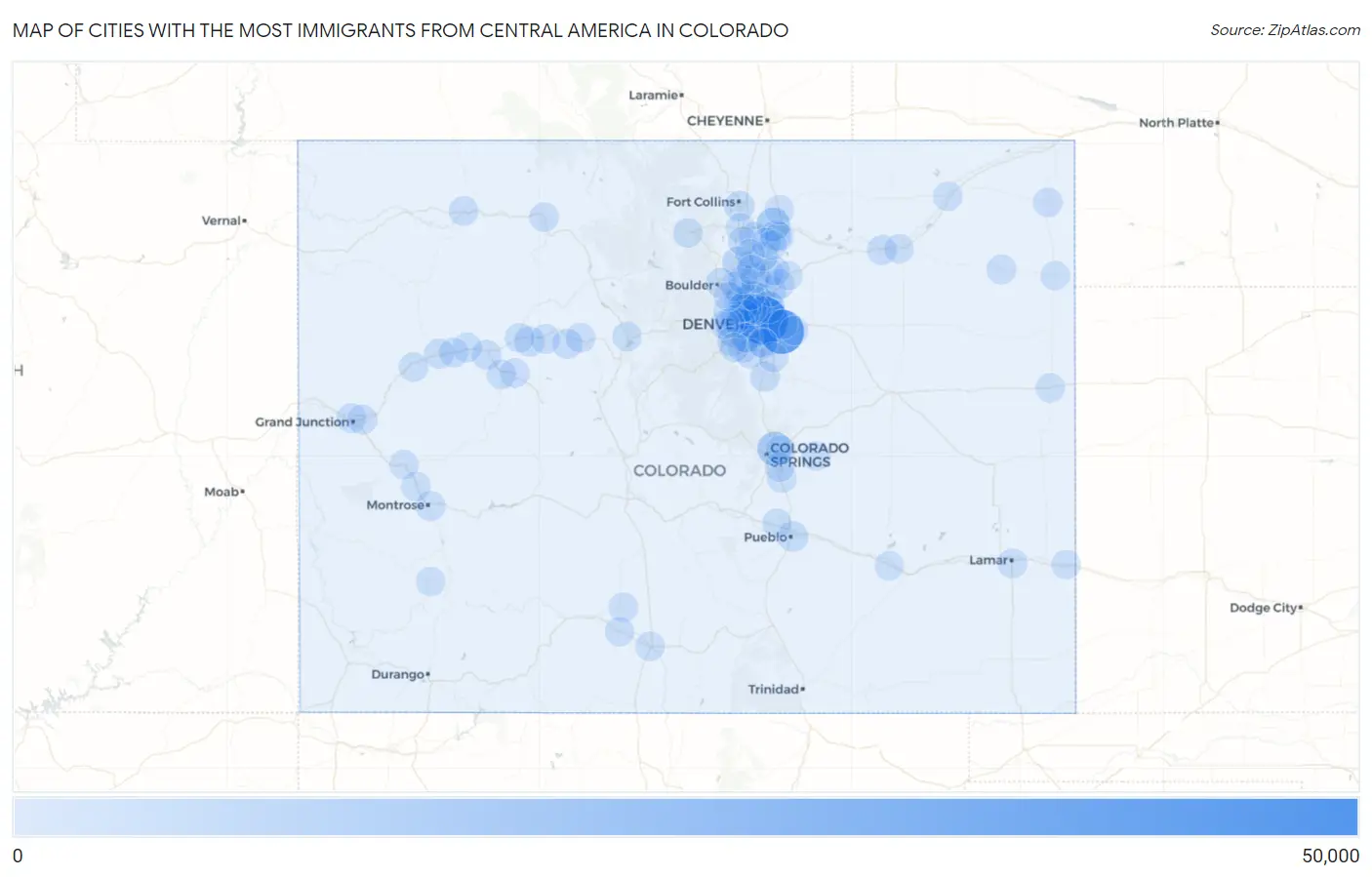 Cities with the Most Immigrants from Central America in Colorado Map
