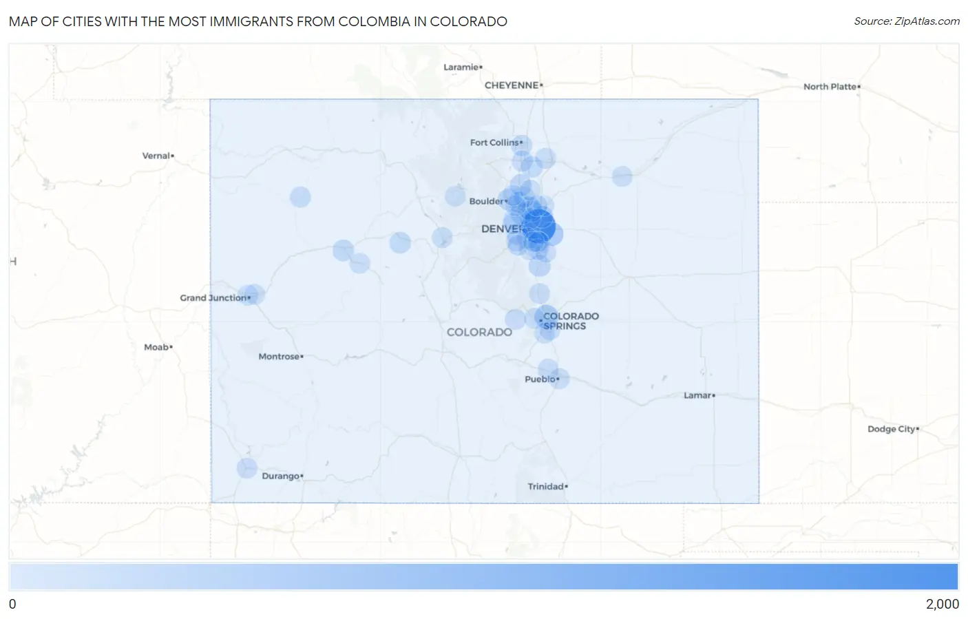 Cities with the Most Immigrants from Colombia in Colorado Map