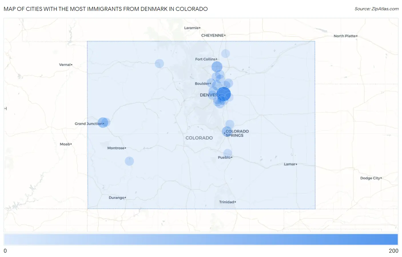 Cities with the Most Immigrants from Denmark in Colorado Map