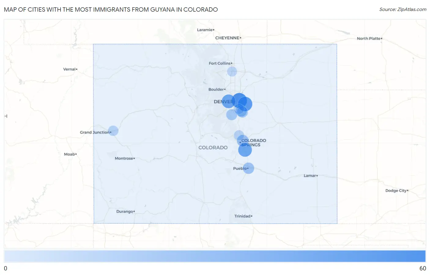 Cities with the Most Immigrants from Guyana in Colorado Map