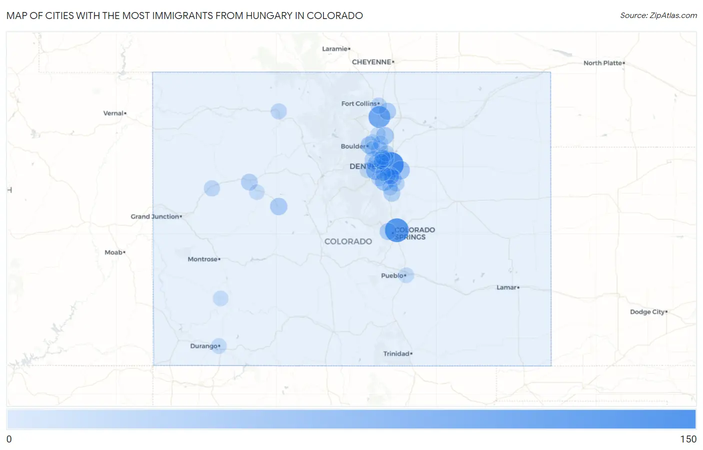 Cities with the Most Immigrants from Hungary in Colorado Map