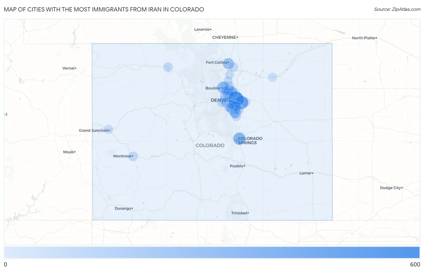 Cities with the Most Immigrants from Iran in Colorado Map