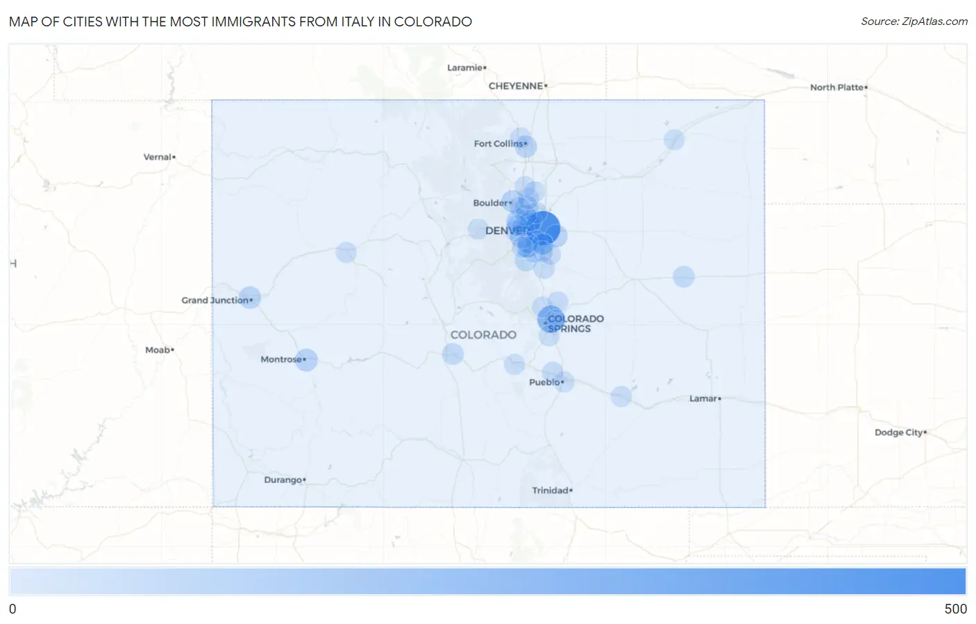 Cities with the Most Immigrants from Italy in Colorado Map