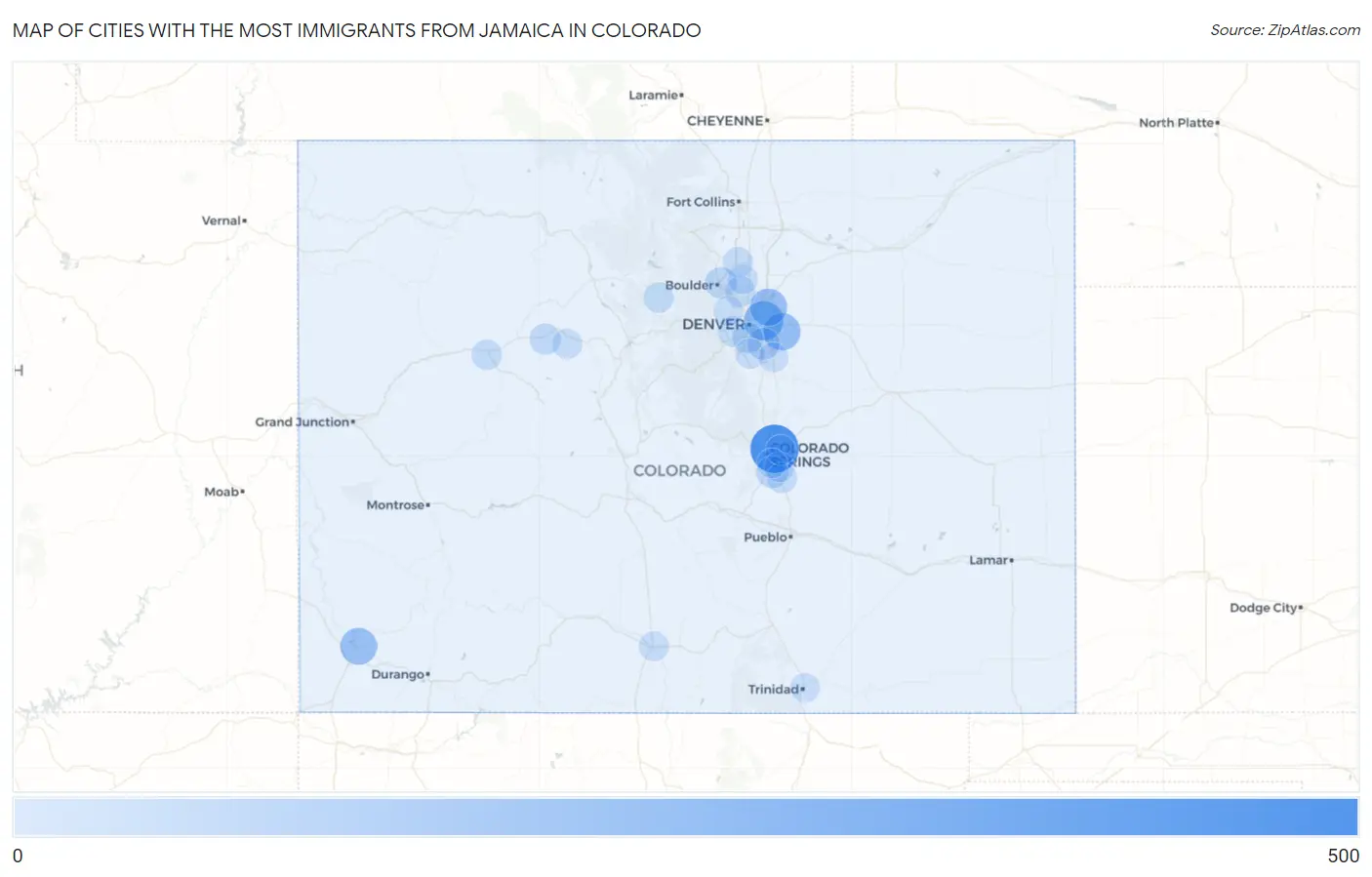 Cities with the Most Immigrants from Jamaica in Colorado Map