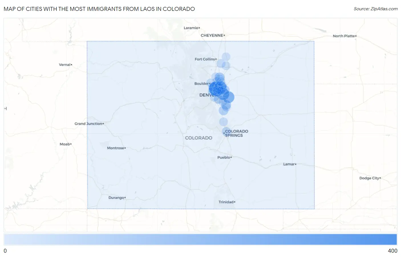 Cities with the Most Immigrants from Laos in Colorado Map