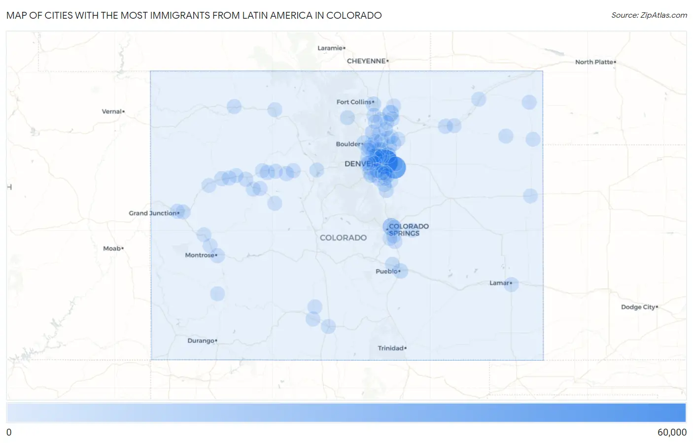 Cities with the Most Immigrants from Latin America in Colorado Map