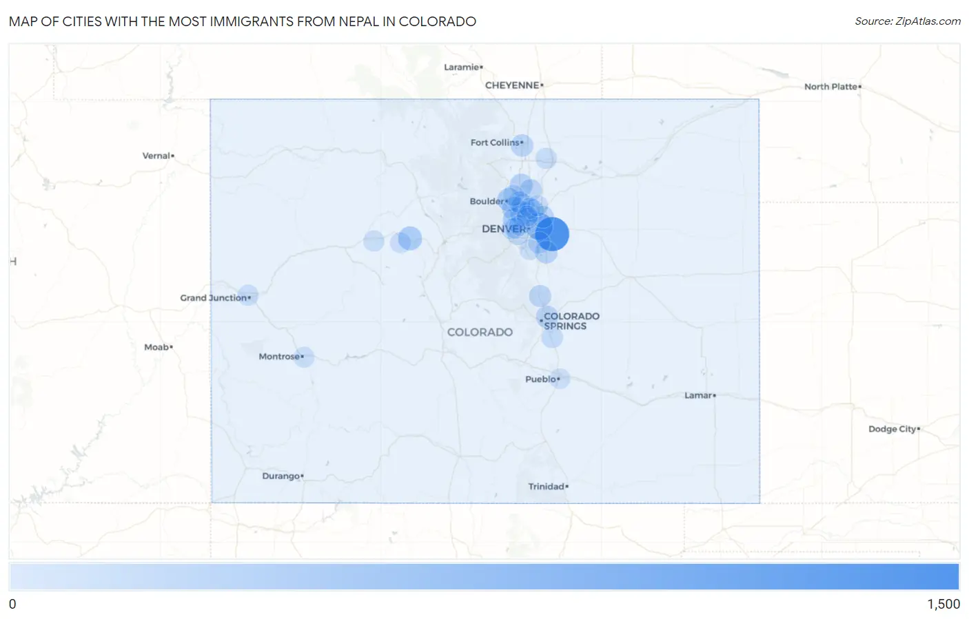 Cities with the Most Immigrants from Nepal in Colorado Map