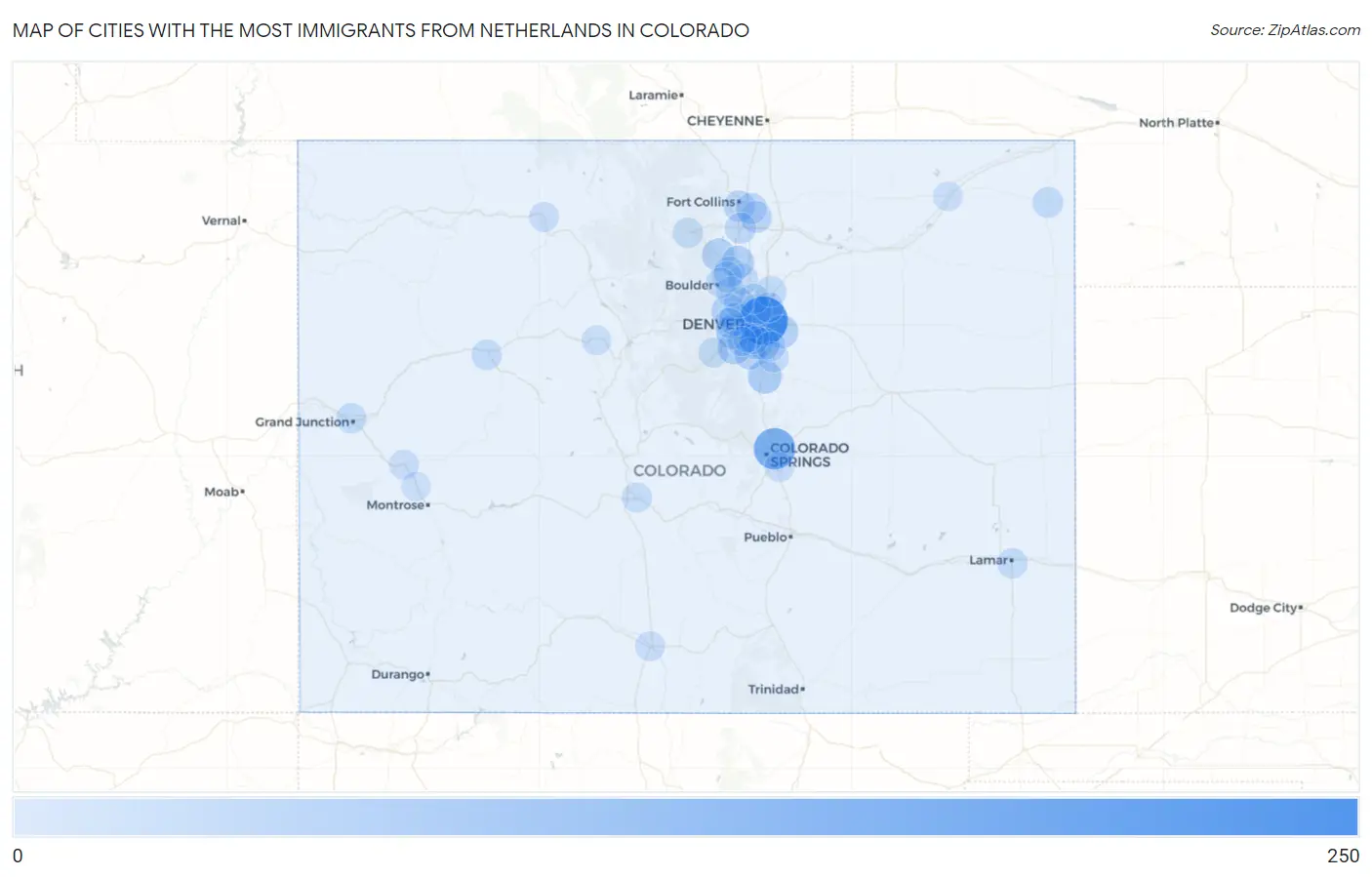 Cities with the Most Immigrants from Netherlands in Colorado Map