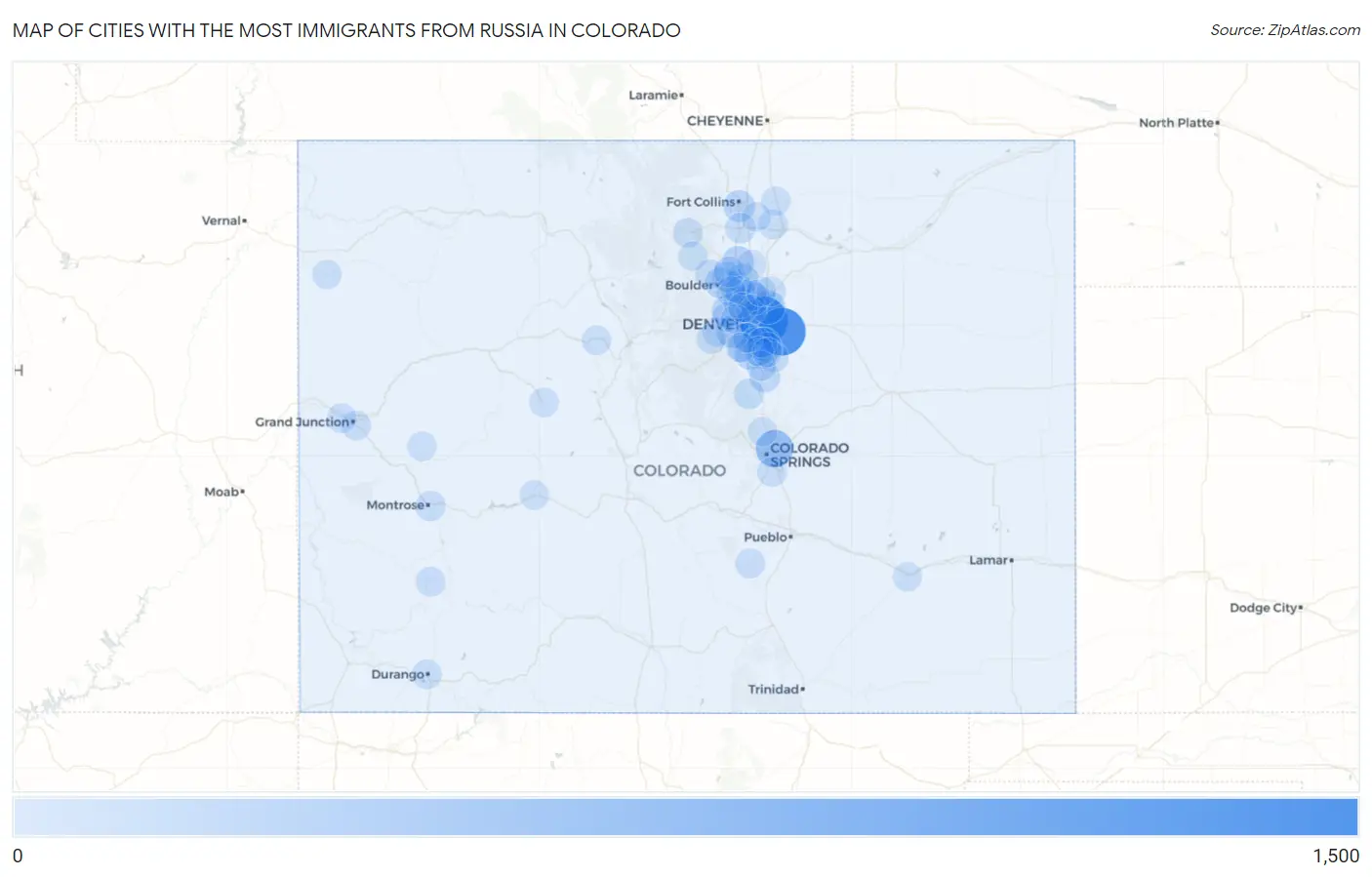 Cities with the Most Immigrants from Russia in Colorado Map