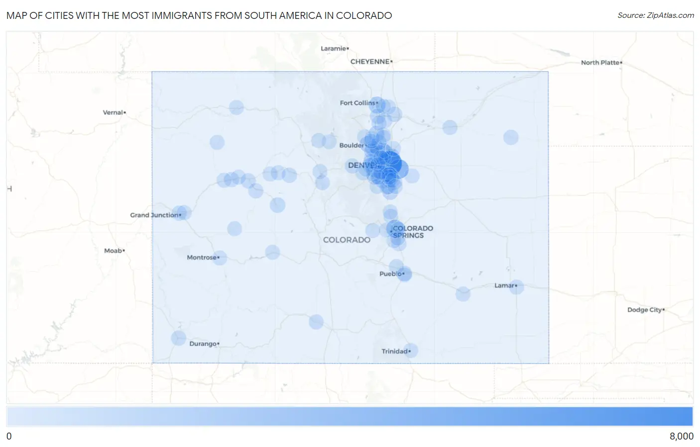 Cities with the Most Immigrants from South America in Colorado Map