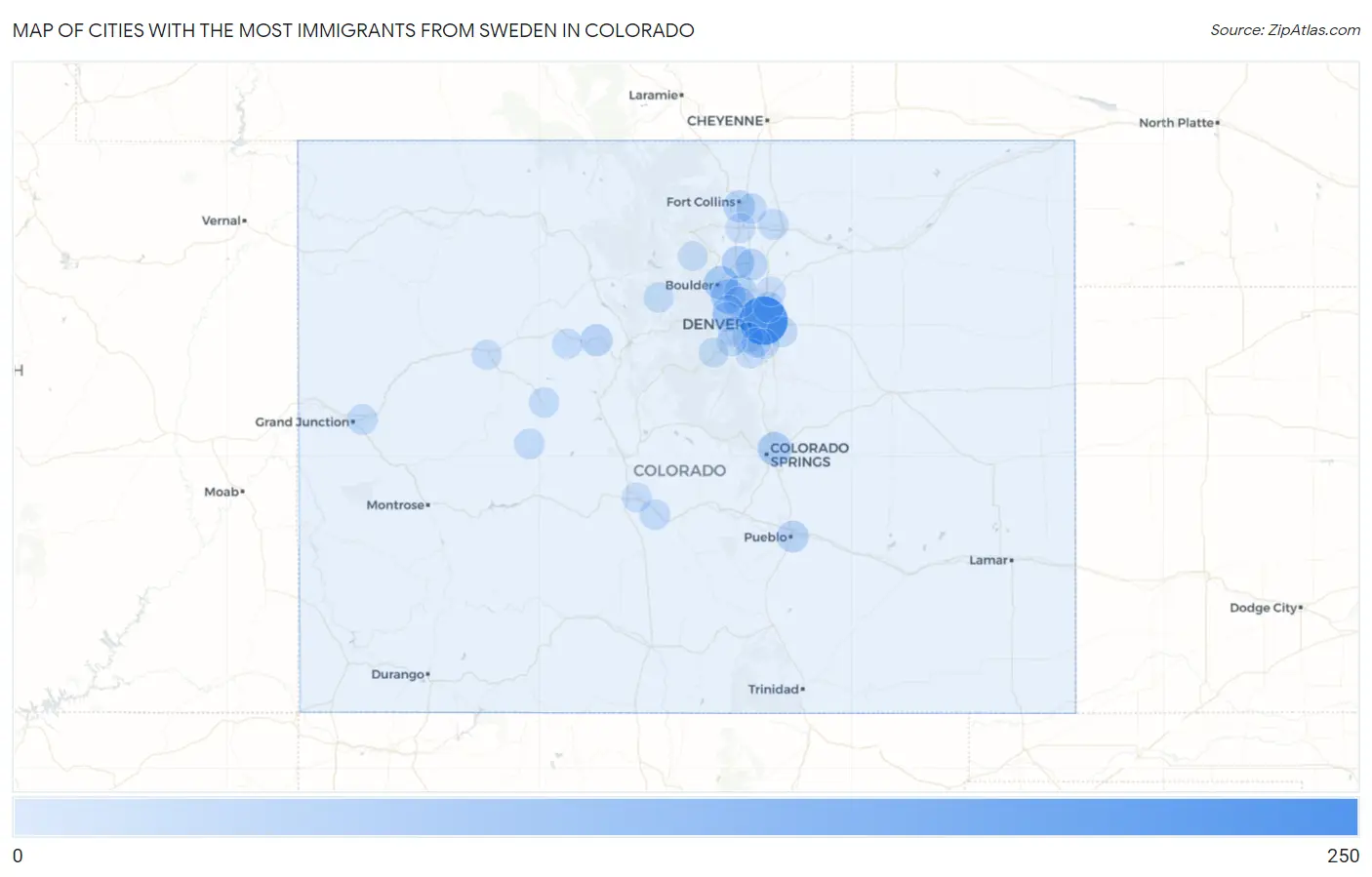 Cities with the Most Immigrants from Sweden in Colorado Map