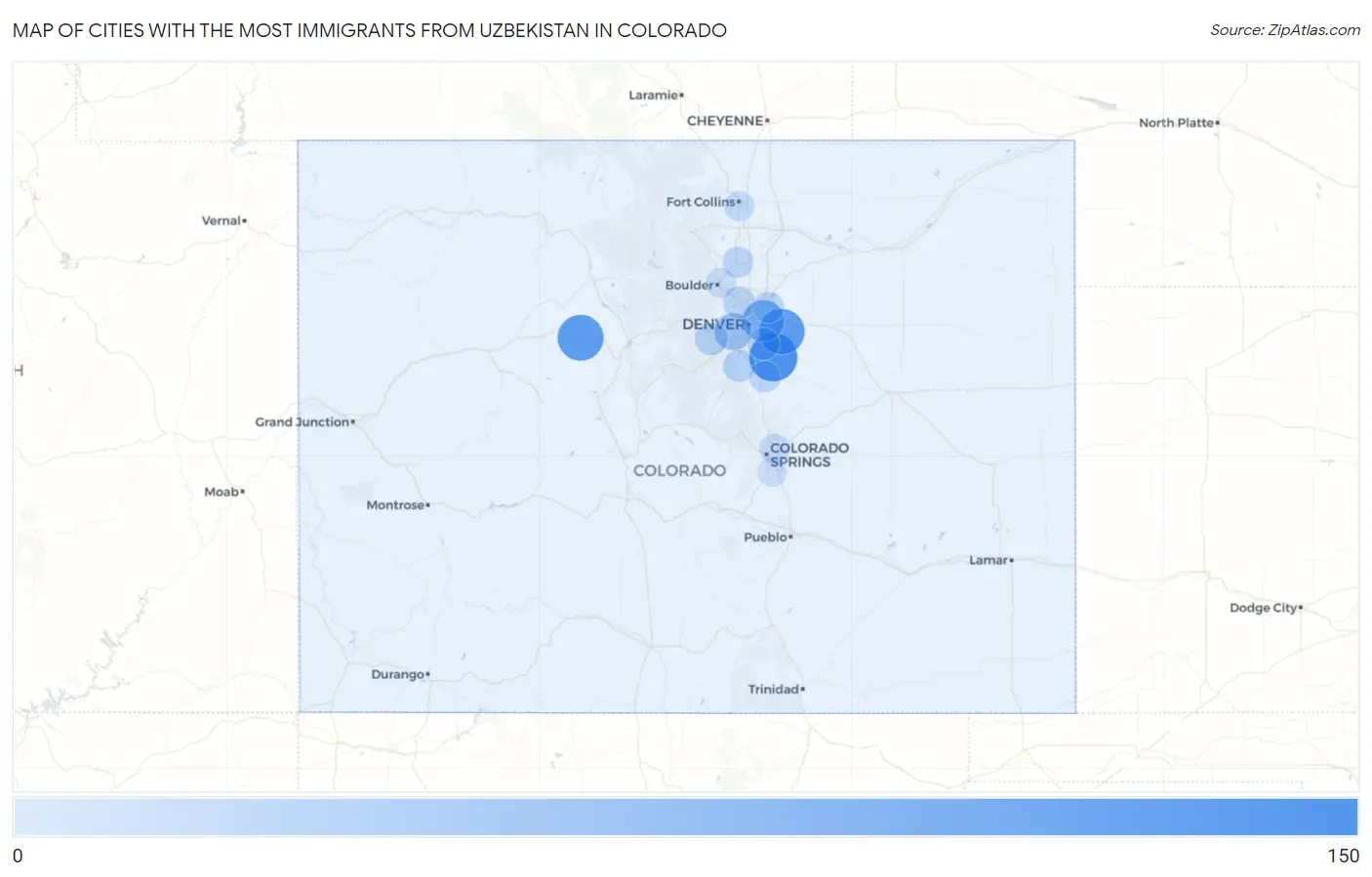 Cities with the Most Immigrants from Uzbekistan in Colorado Map