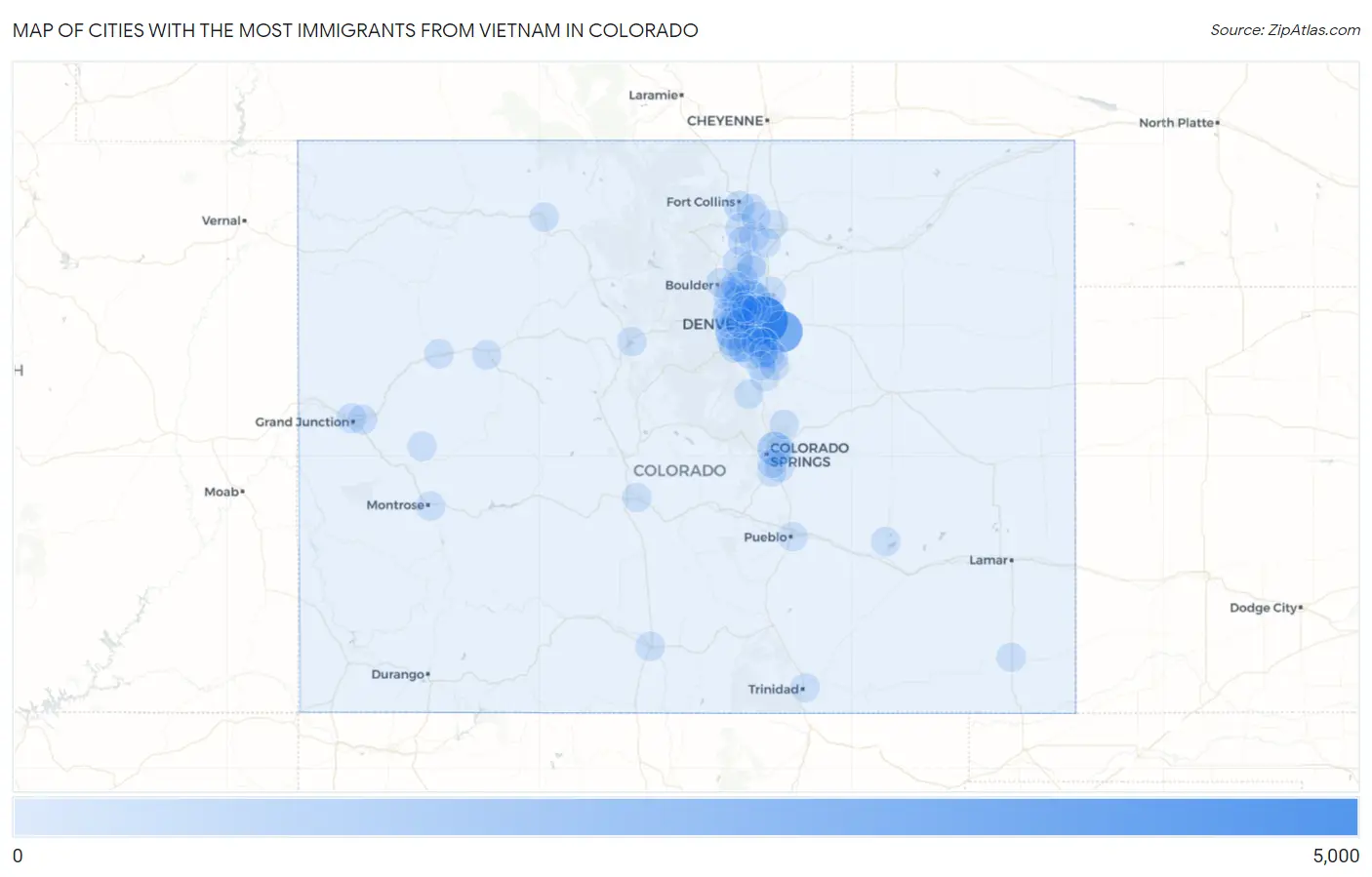 Cities with the Most Immigrants from Vietnam in Colorado Map
