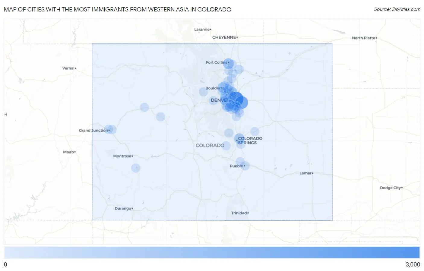 Cities with the Most Immigrants from Western Asia in Colorado Map