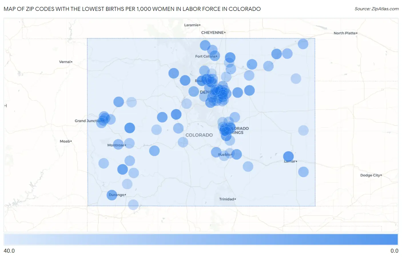 Zip Codes with the Lowest Births per 1,000 Women in Labor Force in Colorado Map