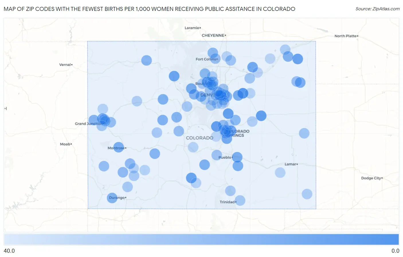 Zip Codes with the Fewest Births per 1,000 Women Receiving Public Assitance in Colorado Map