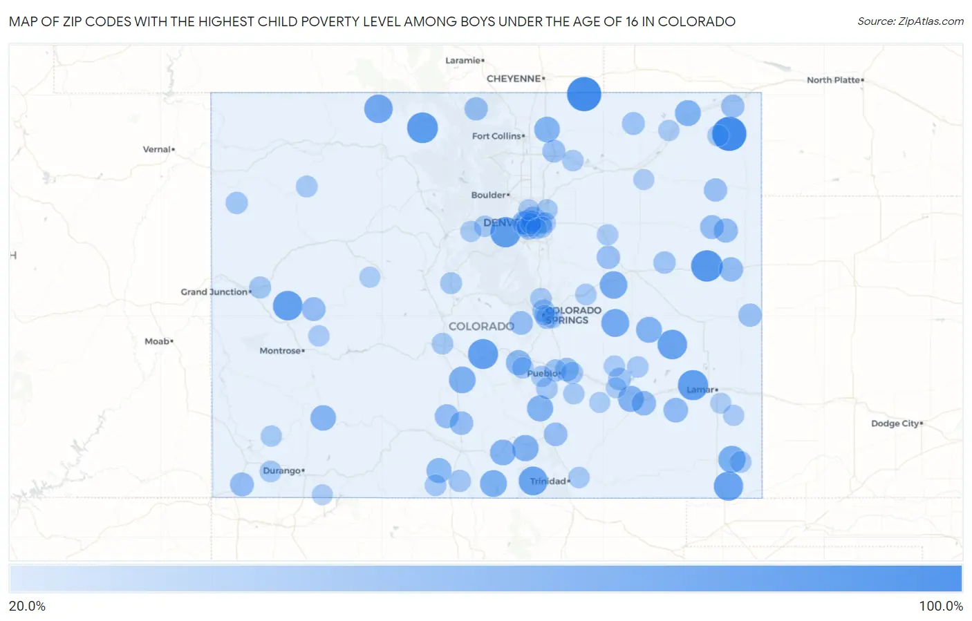 Zip Codes with the Highest Child Poverty Level Among Boys Under the Age of 16 in Colorado Map
