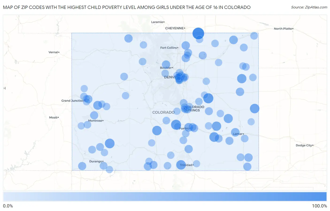 Zip Codes with the Highest Child Poverty Level Among Girls Under the Age of 16 in Colorado Map