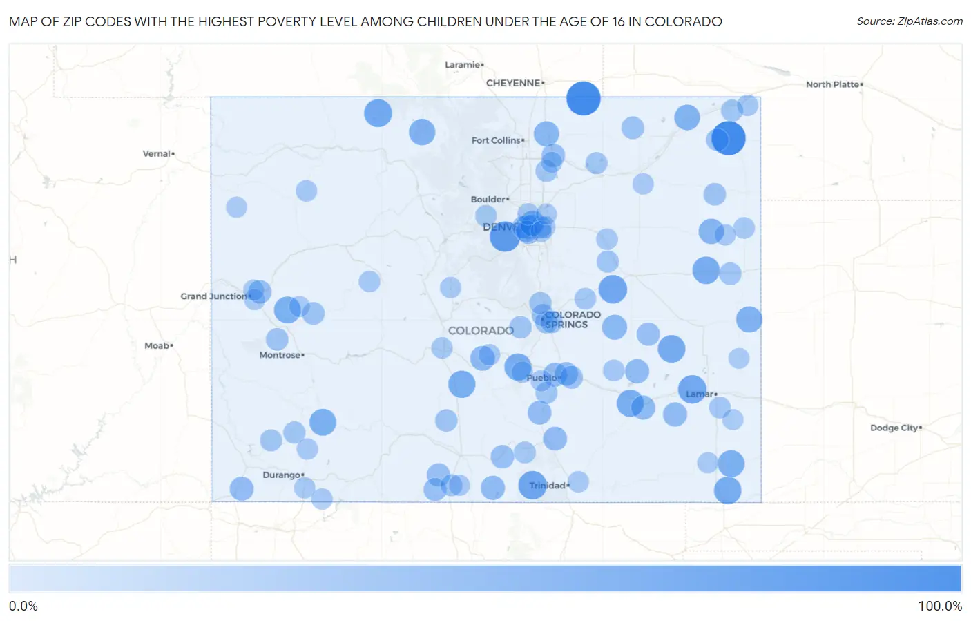 Zip Codes with the Highest Poverty Level Among Children Under the Age of 16 in Colorado Map