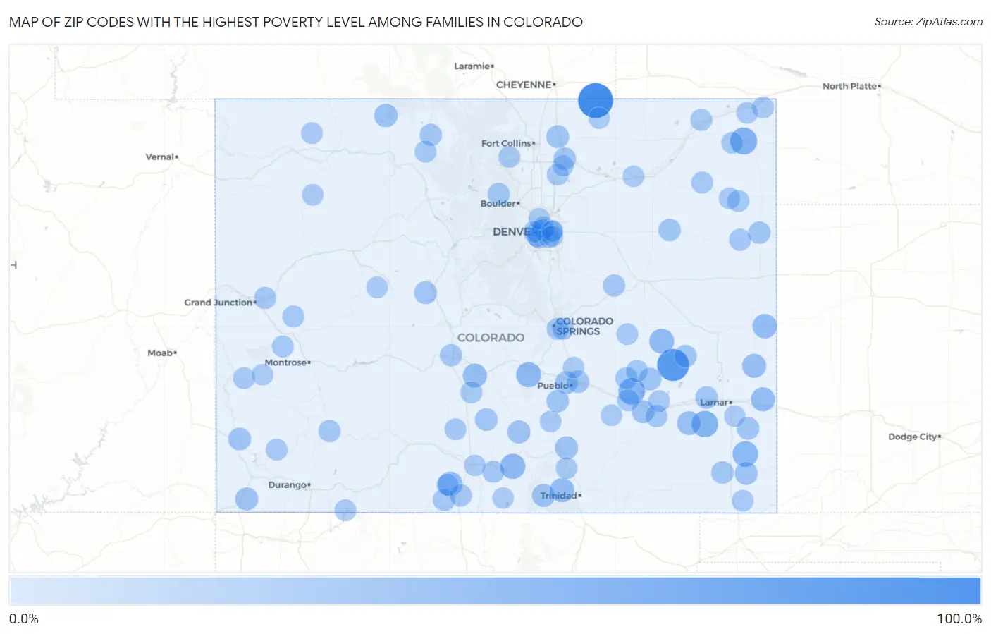Zip Codes with the Highest Poverty Level Among Families in Colorado Map