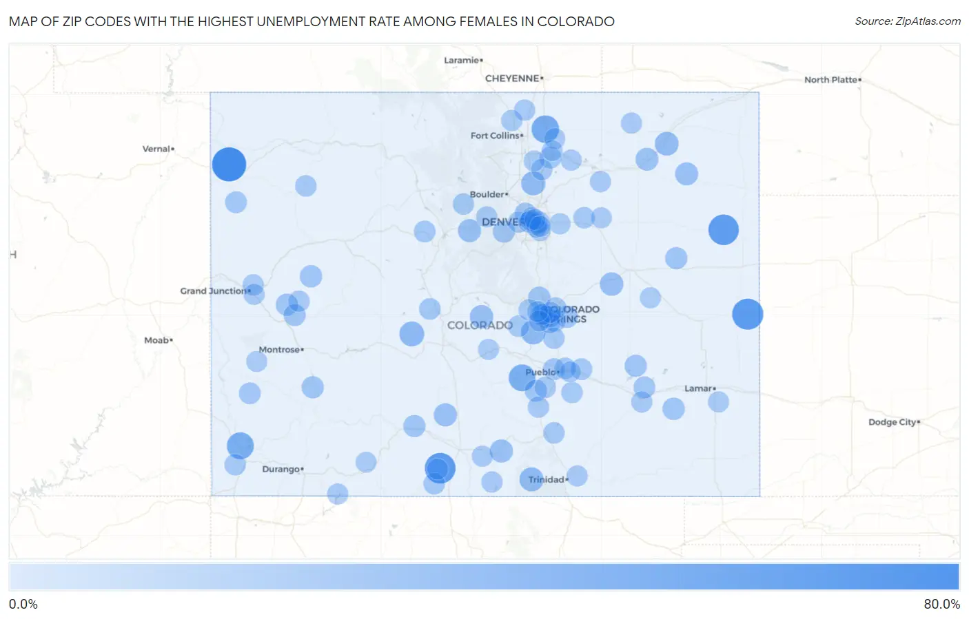Zip Codes with the Highest Unemployment Rate Among Females in Colorado Map