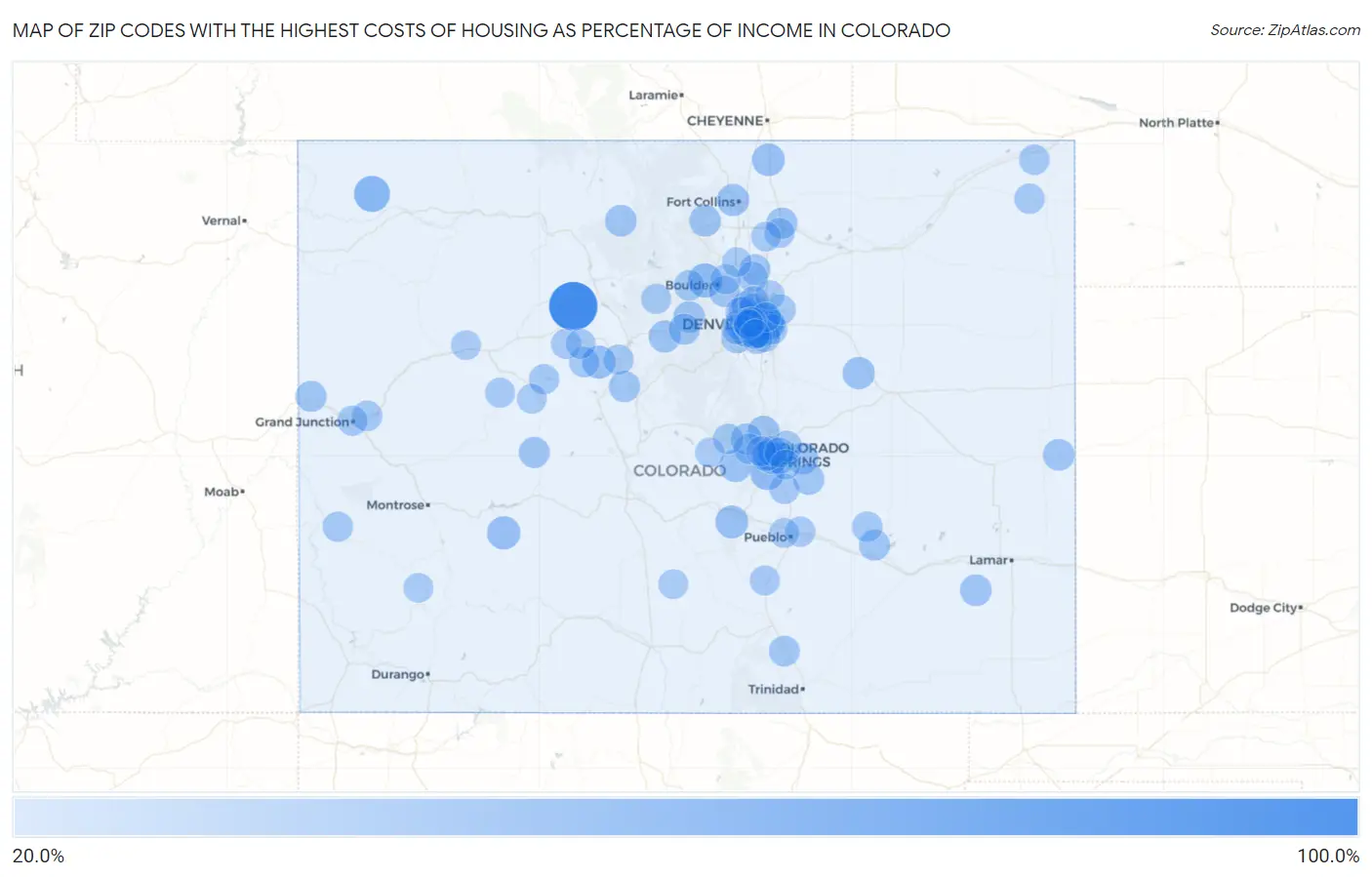 Zip Codes with the Highest Costs of Housing as Percentage of Income in Colorado Map