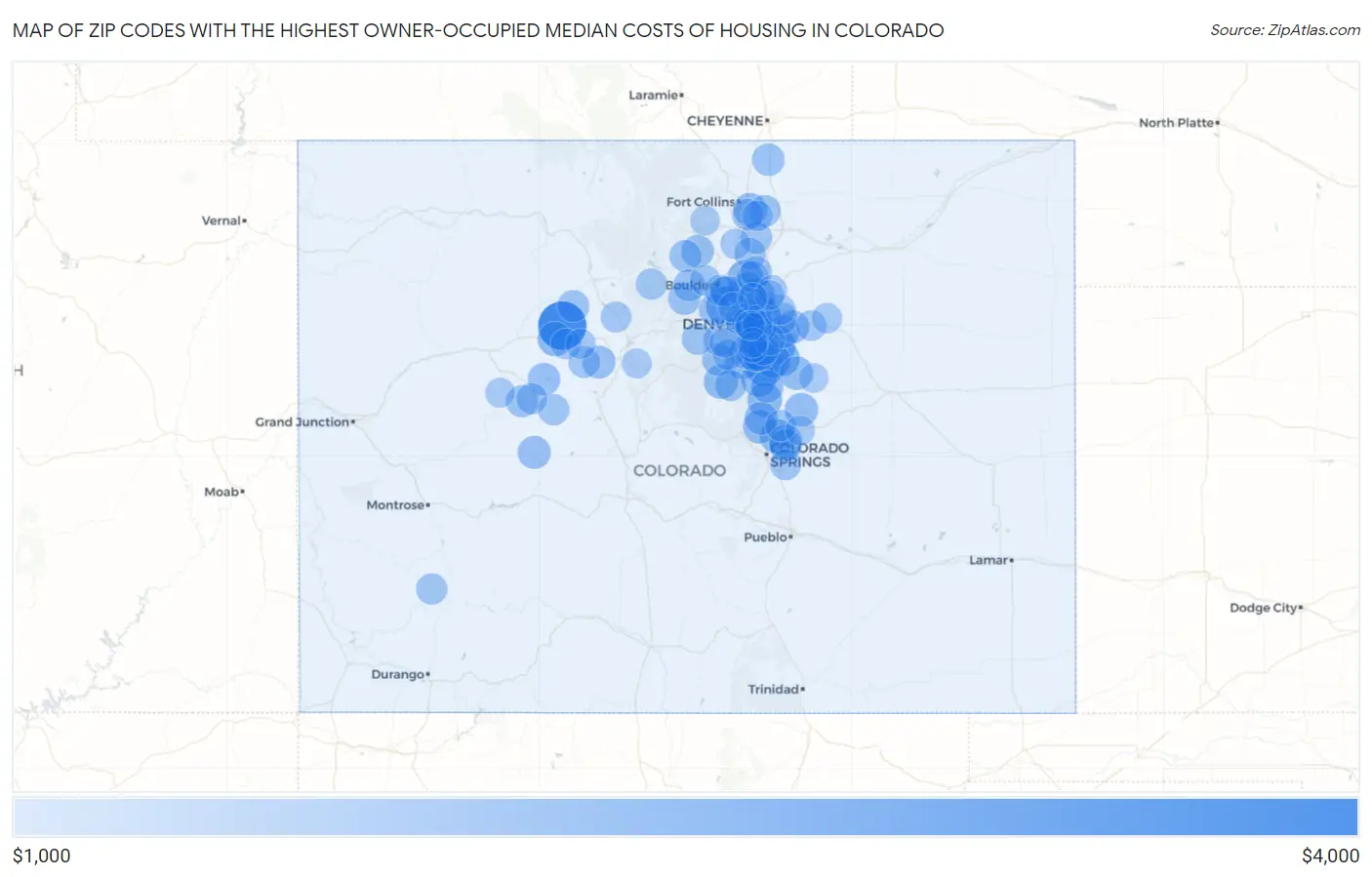 Zip Codes with the Highest Owner-Occupied Median Costs of Housing in Colorado Map