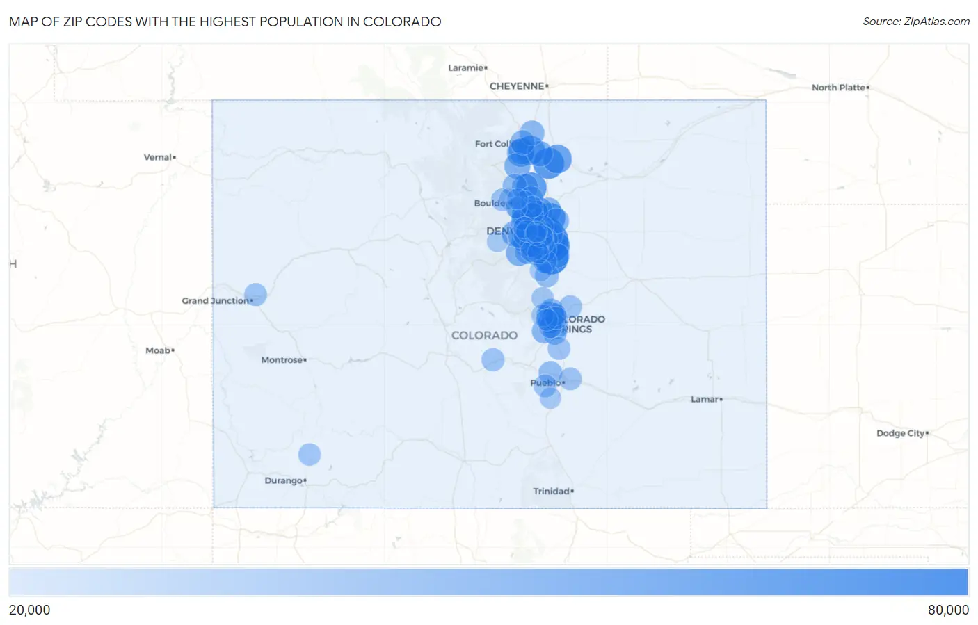 Zip Codes with the Highest Population in Colorado Map