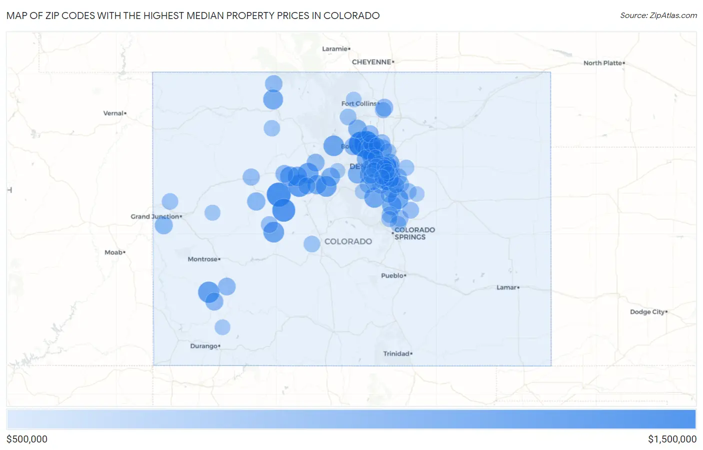Zip Codes with the Highest Median Property Prices in Colorado Map
