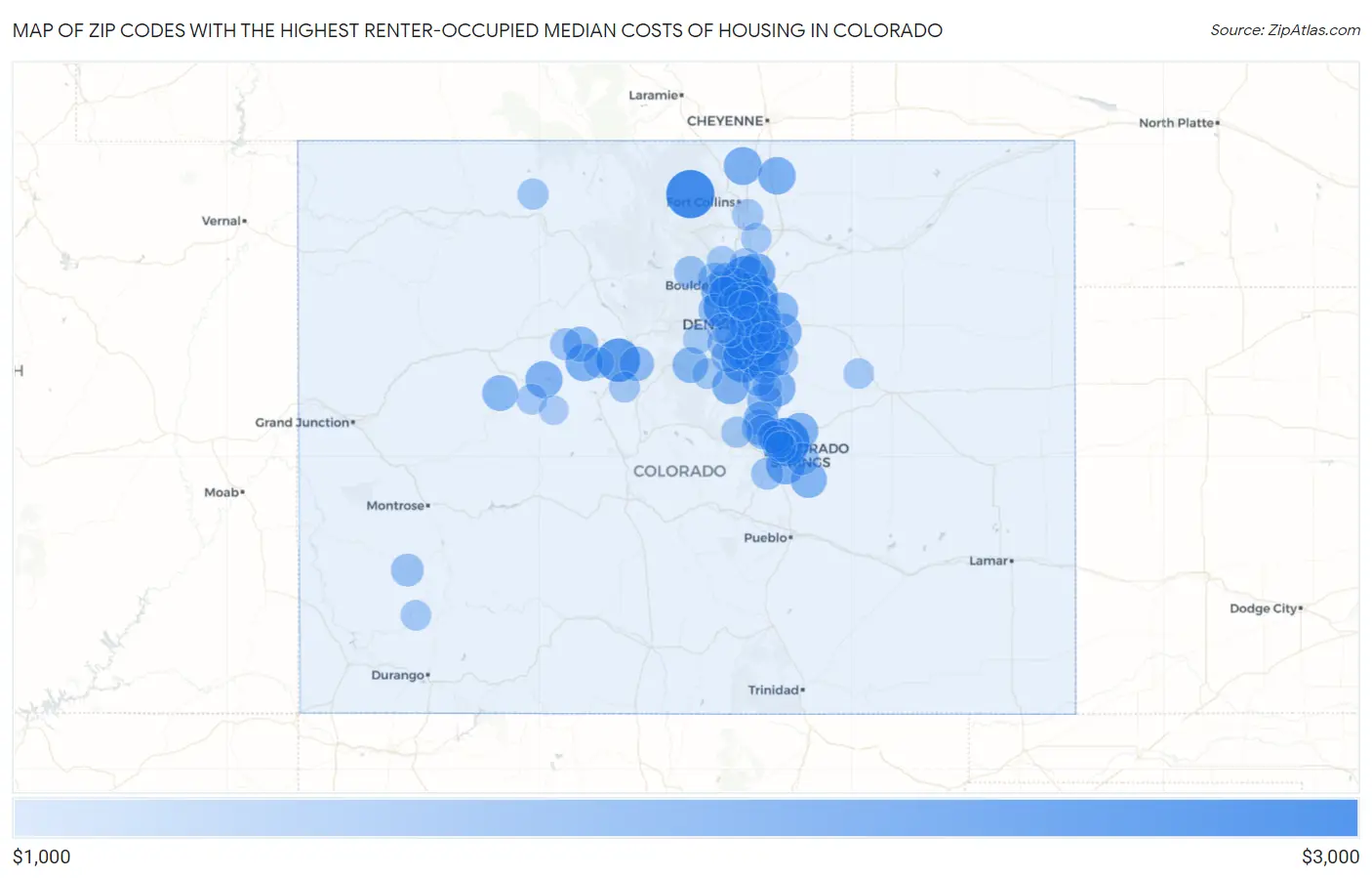 Zip Codes with the Highest Renter-Occupied Median Costs of Housing in Colorado Map
