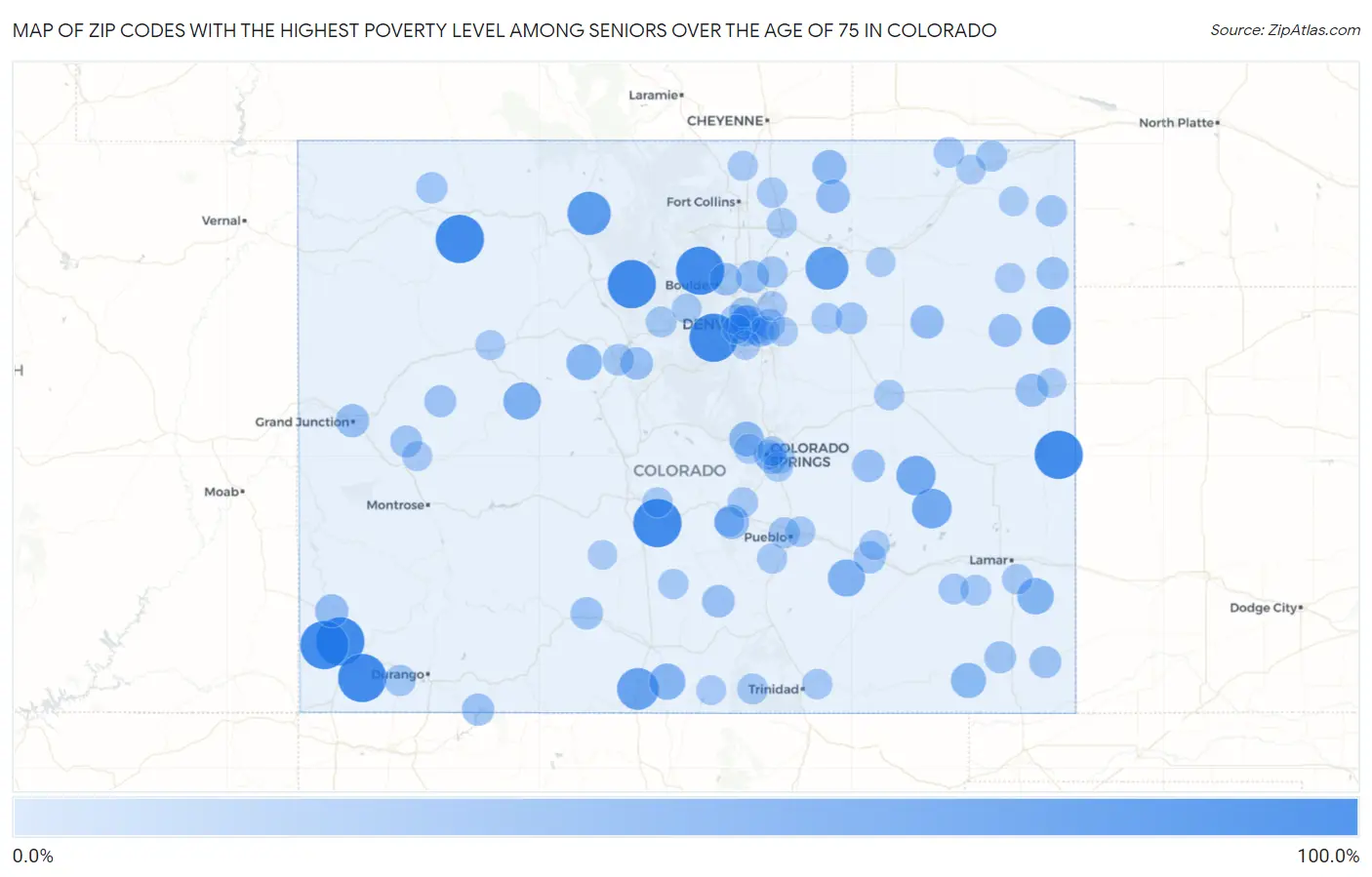 Zip Codes with the Highest Poverty Level Among Seniors Over the Age of 75 in Colorado Map